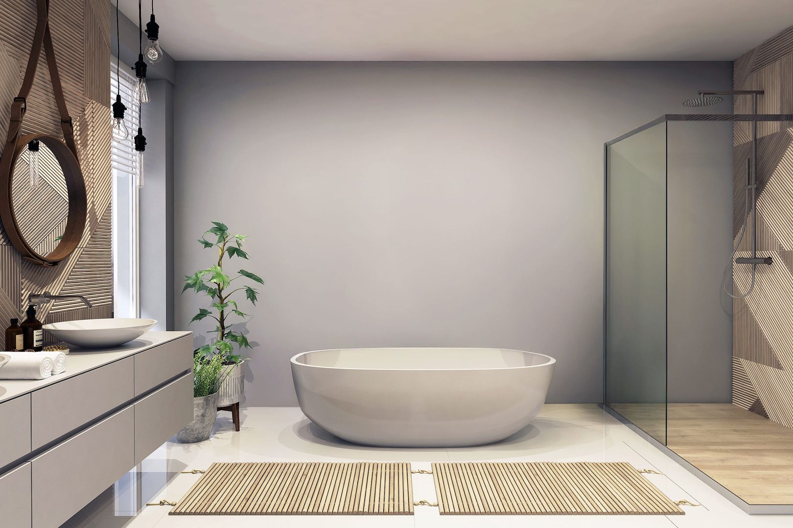 Modernes, minimalistisches Badezimmer mit freistehender Badewanne, begehbarer Glasdusche und Waschtisch vor einer Wand mit Holzpaneelen im geometrischen Design