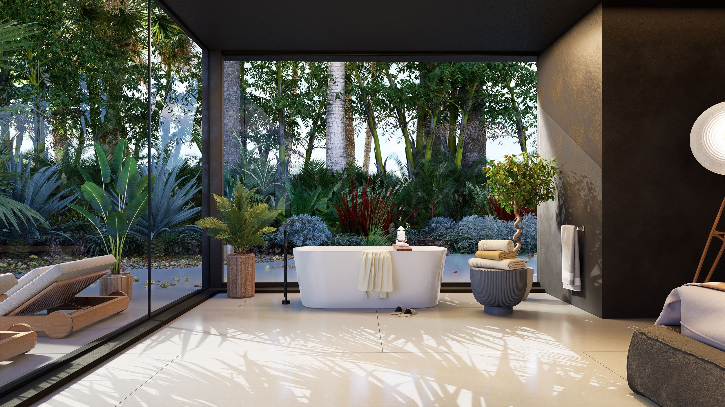 Modernes Badezimmer mit freistehender Badewanne und großflächiger Glasfront mit Blick ins Grüne.